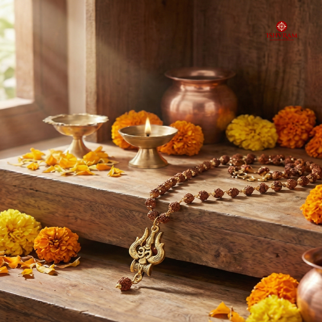 Ishvram Original 5 Mukhi Rudraksha Mala for Men & Women with Gold-Plated Trishul & Om Pendant | Spiritual Meditation Necklace