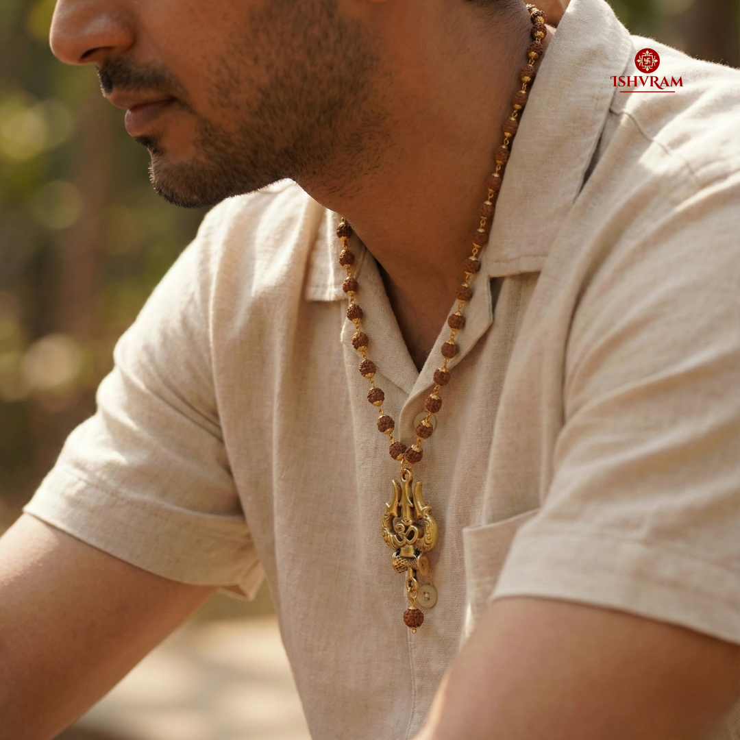 Ishvram Original 5 Mukhi Rudraksha Mala for Men & Women with Gold-Plated Trishul & Om Pendant | Spiritual Meditation Necklace