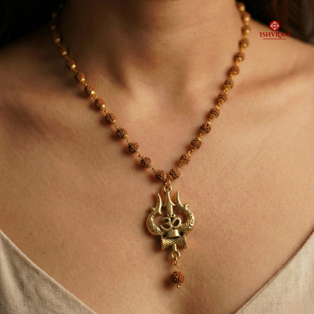 Ishvram Original 5 Mukhi Rudraksha Mala for Men & Women with Gold-Plated Trishul & Om Pendant | Spiritual Meditation Necklace