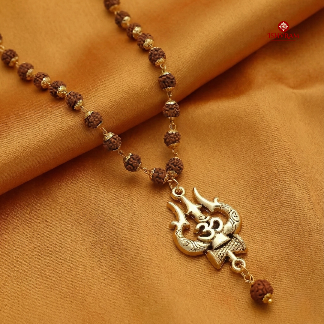 Ishvram Original 5 Mukhi Rudraksha Mala for Men & Women with Gold-Plated Trishul & Om Pendant | Spiritual Meditation Necklace