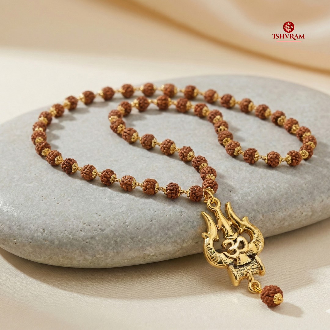 Ishvram Original 5 Mukhi Rudraksha Mala for Men & Women with Gold-Plated Trishul & Om Pendant | Spiritual Meditation Necklace