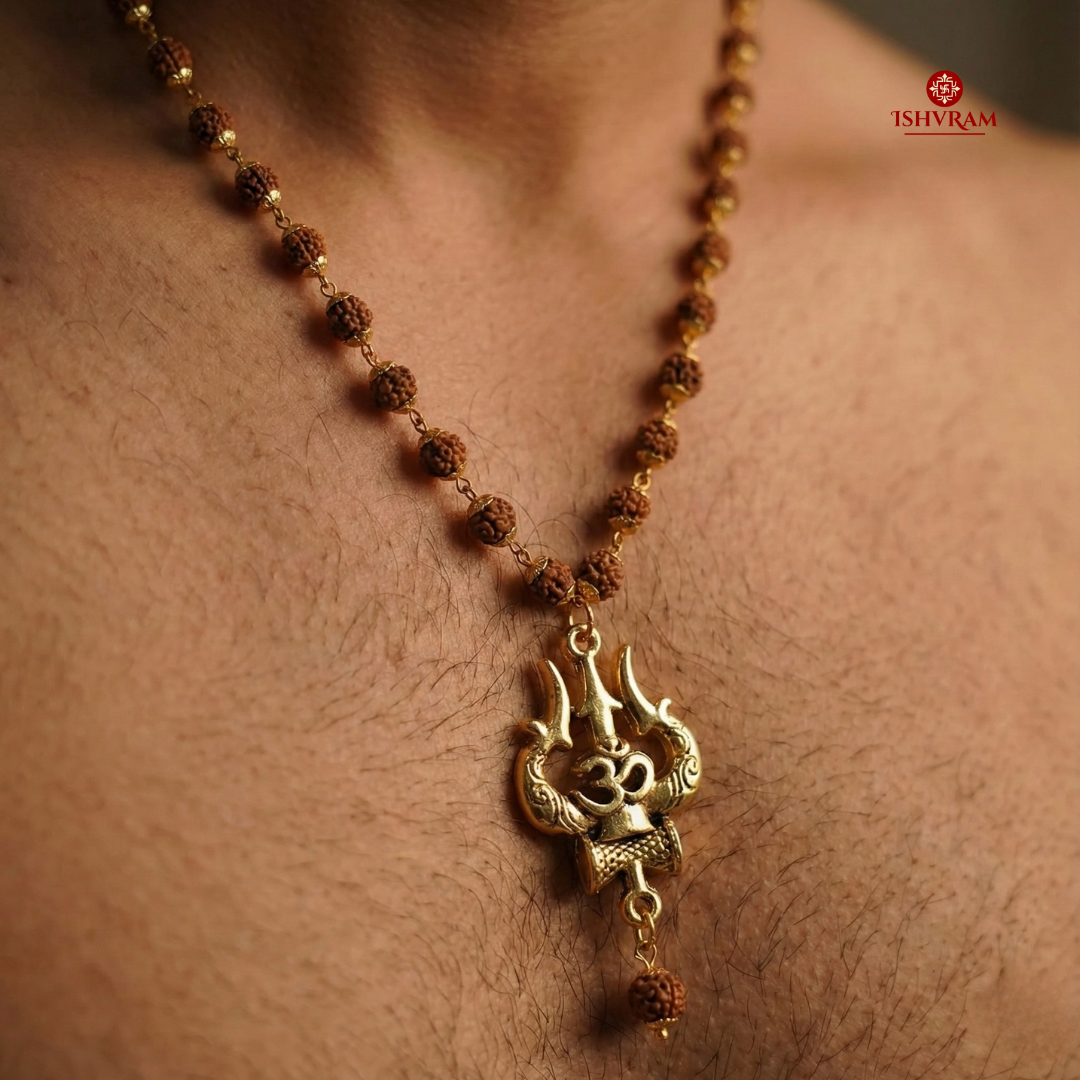 Ishvram Original 5 Mukhi Rudraksha Mala for Men & Women with Gold-Plated Trishul & Om Pendant | Spiritual Meditation Necklace