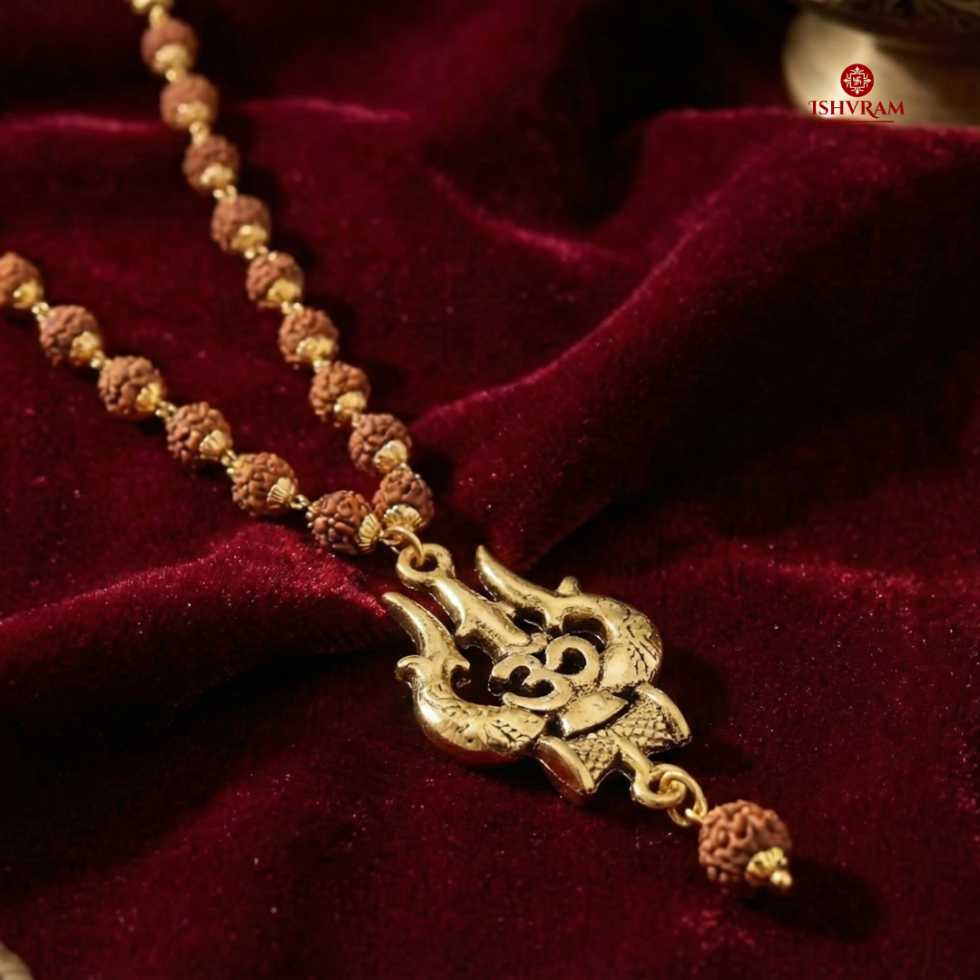 Ishvram Original 5 Mukhi Rudraksha Mala for Men & Women with Gold-Plated Trishul & Om Pendant | Spiritual Meditation Necklace